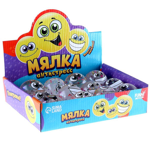Цена за 12 шт. Антистресс сквиш мялка «Смайлики», с блёстками, с жидкостью, в шоубоксе, МИКС