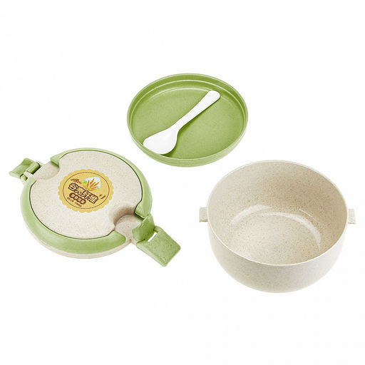 Ланч-бокс для продуктов пластмассовый Эко дом д13,8см h10см, 2 уровня: 0,15л д13,8см h2,1см; 0,6л, д13,7см h6,7см, с ложкой 13см, бежевый, с цветными клипсами и ручками, цвета в ассортименте: фисташковый, розовый (Китай) Пластик с добавлением пшени - Домашняя мода фото 5