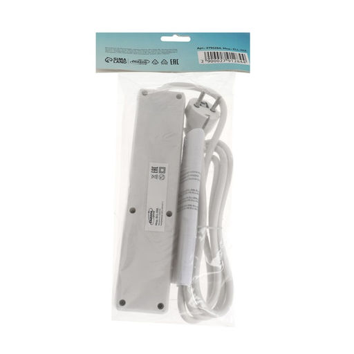 Удлинитель Luazon Lighting, 4 розетки, 1,8 м, 10 А, 2200 Вт, 3х0.75 мм2, с заземлением, с выключателем, белый