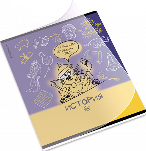 Цена за 5 шт. Тетрадь общая ученическая с пластиковой обложкой на скобе ErichKrause Котоформулы, История, 48 листов, клетка