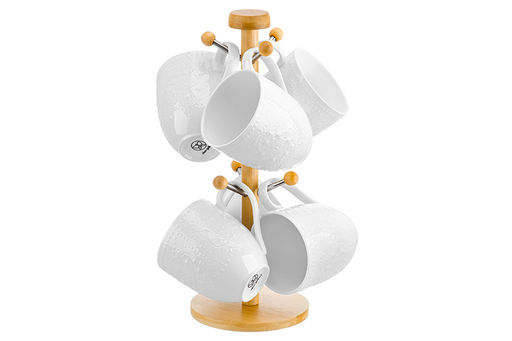 Набор 6 кружек 320 мл 12*8,5*9,5 см "Жемчуг" на дерев. подставке 12,5*12,5*32 см