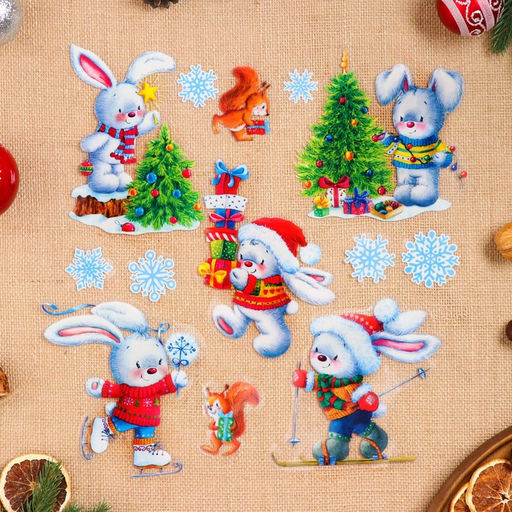 Наклейки новогодние Зимние зайки 49 х 33.5 см - Мир открыток фото 2