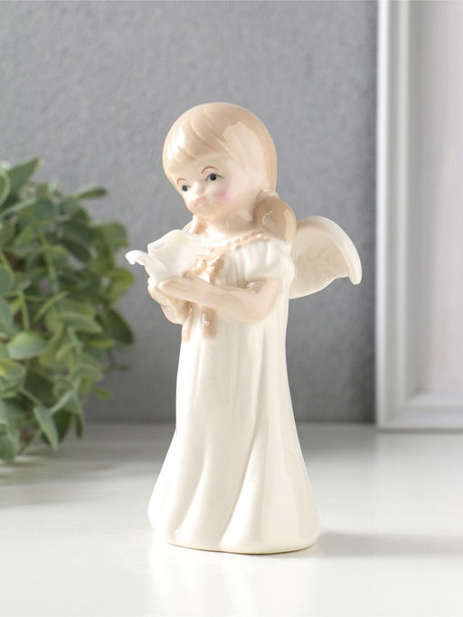 Сувенир керамика "Девочка-ангел с хвостиками в белом платье с розой в руках" 7х7х14,2 см