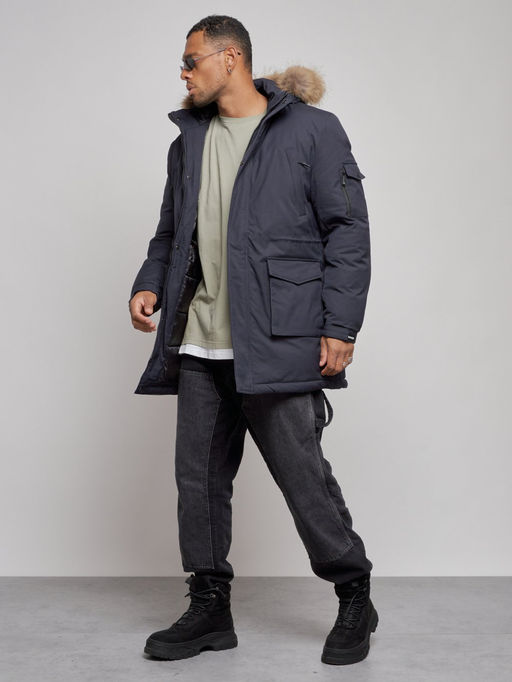 Парка мужская зимняя удлиненная с мехом темно-синего цвета 8318TS - Wonderrman фото 3