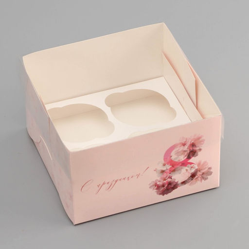 Цена за 5 шт. Коробка для 4 капкейка с прозрачной крышкой, 8 марта, 16?16?10 см