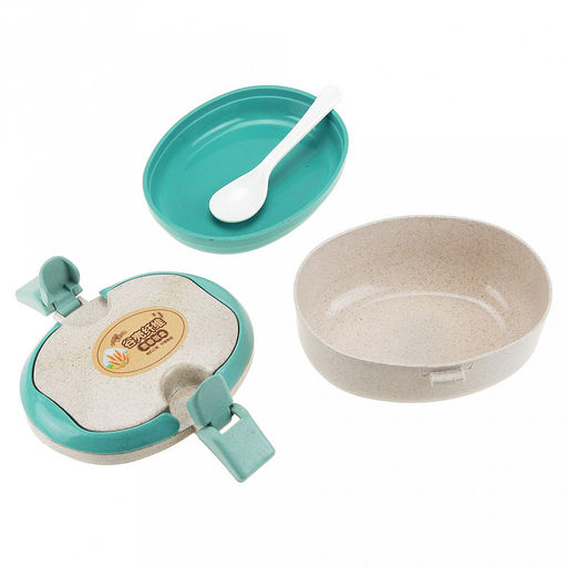 Ланч-бокс для продуктов пластмассовый Эко дом 15х14,5см h9см, 2 уровня: 0,2л 15,3х12см h2,6см; 0,4л, 15х11,8см h5,5см, с ложкой 13см, бежевый, с цветными клипсами и ручками, цвета в ассортименте: фисташковый, розовый, голубой (Китай) Пластик с доба - Домашняя мода фото 2