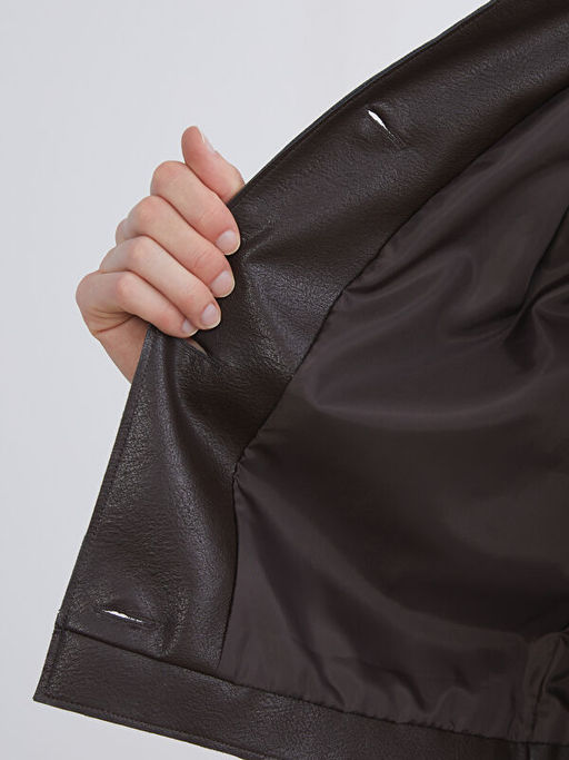 G?mlek Yaka Kad?n Deri G?r?n?ml? Ceket