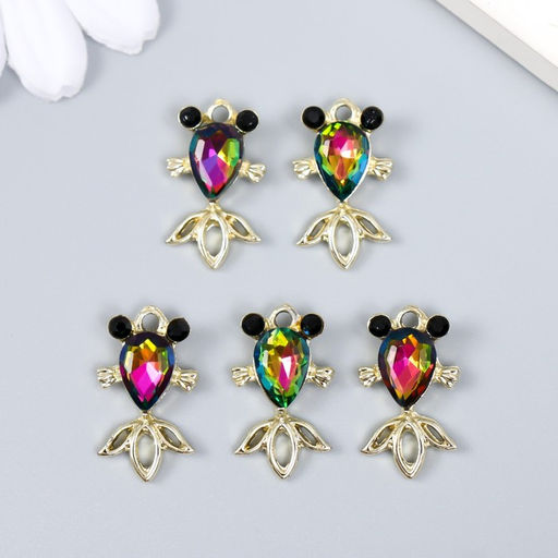 Цена за 5 шт. Декор для творчества металл, стразы "Рыбка голография" золото 2,1х1,2х0,2 см