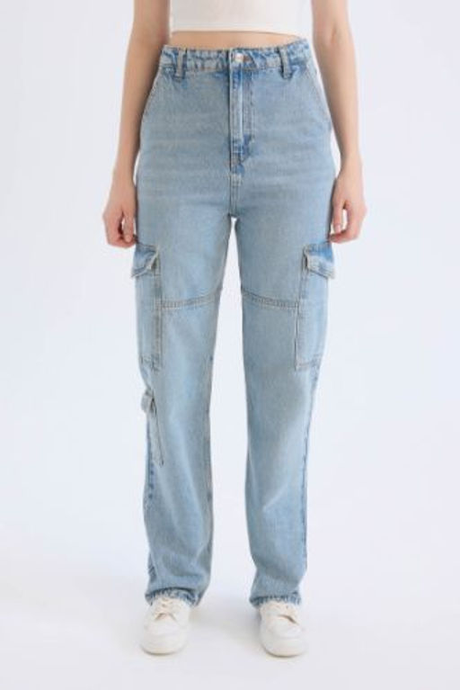 Wide Leg Kargo Yuksek Bel Duz Paca Uzun Jean Y?kamal? Pantolon