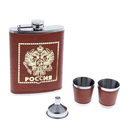 Подарочный набор Двуглавый орёл 4 в 1: фляжка 240 мл, воронка, 2 рюмки, коричневая, 17 х 19 см 451 - Simaland фото 2