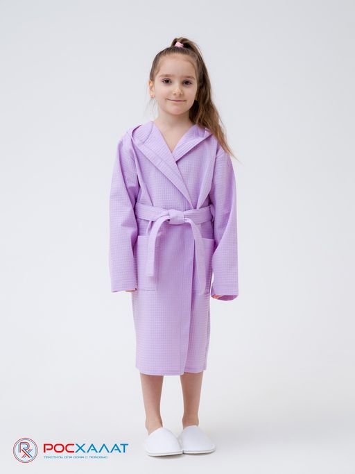 Детский вафельный халат с капюшоном сиреневый В-07 (18)