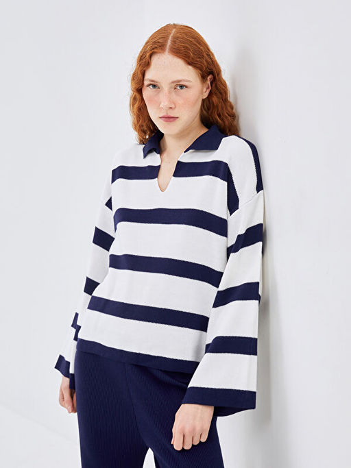 Polo Yaka ?izgili Oversize Kad?n Triko Kazak