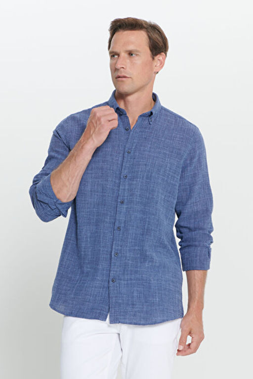 Slim Fit Dar Kesim %100 Pamuk D__meli Yaka Lacivert G_mlek YDA202420011LAC