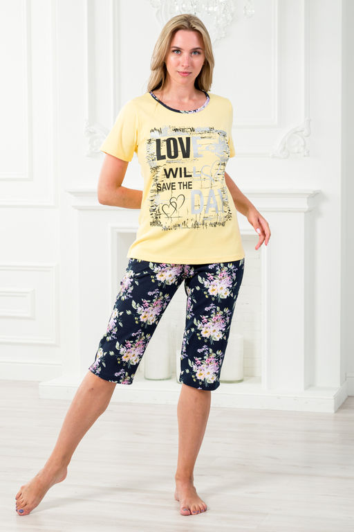 Пижама женская домашний из футболки и бридж Букетик желтый темно-синий с принтом LOVE - Амадэль фото 2