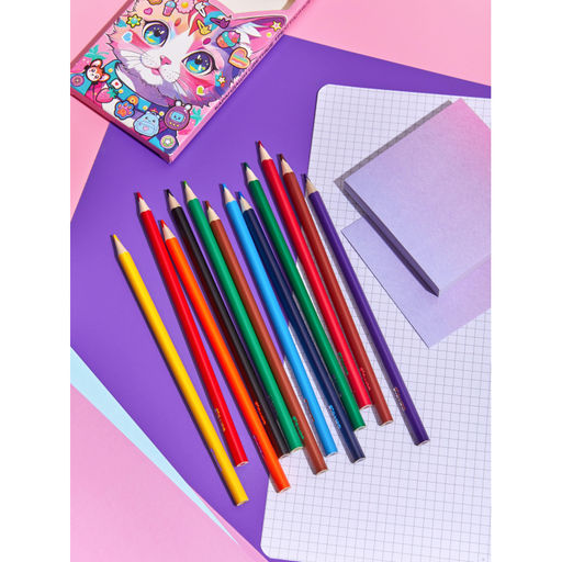 Карандаши цветные Комус Класс Kitty stickers 12 цв, 3мм, трехгранные, дер  фото 8