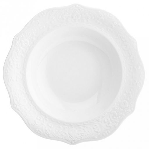 "Русь" Тарелка глубокая фарфоровая д220мм h48мм, 500мл, белый, рельефный декор, волнистый край (Китай)