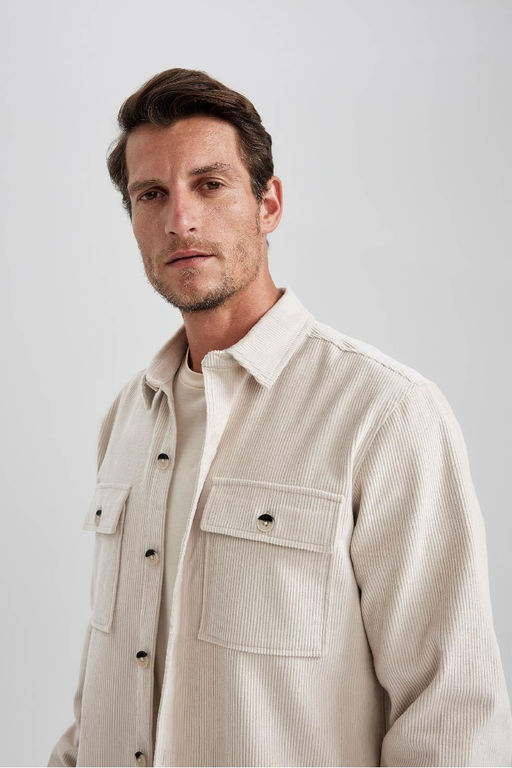 Вельветовая куртка-рубашка стандартного кроя с воротником-поло и длинными рукавами - Defacto фото 8