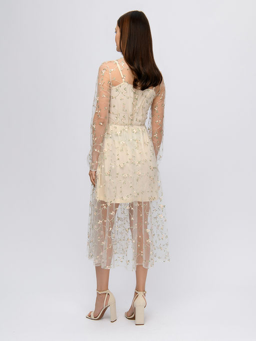 Платье бежевое длины миди с вышивкой - 1001dress фото 3