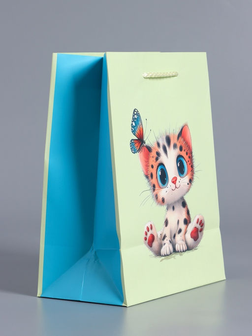 Пакет подарочный ламинированный «Маленький котенок», мятный - голубой, 18×22.3×10 см