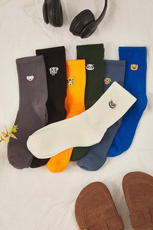 _ok Renkli Unisex 7li Paket Kolej/Orta/Tenis Boy Hayvan Nak__l_ _orap TMNSS25CO00007