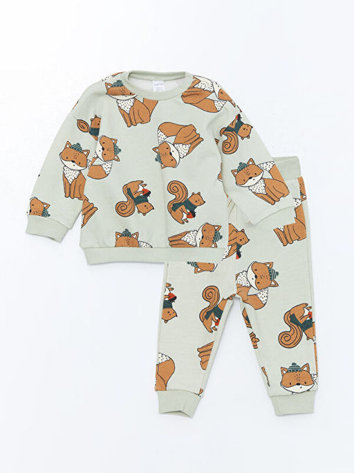 Bisiklet Yaka Uzun Kollu Bask?l? Erkek Bebek Sweatshirt ve Pantolon 2li Tak?m