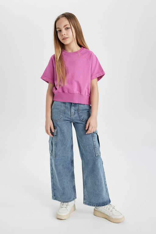 Широкие джинсовые брюки карго для девочек - Defacto фото 2