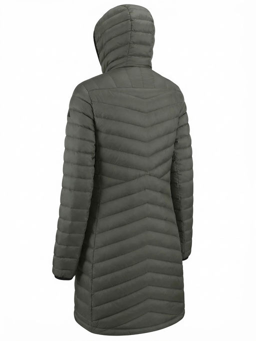 Куртка женская удлинённая стёганая с капюшоном и графеновой подкладкой цвета хаки 9628_1Kh