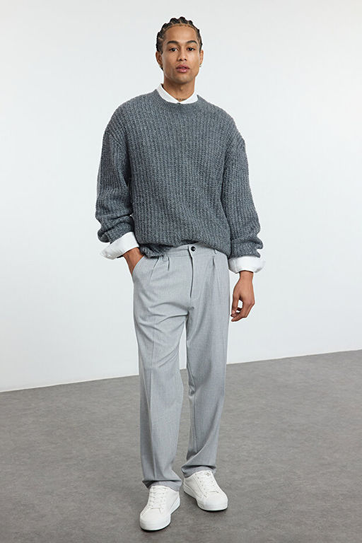 Gri Pileli Klasik Baggy Fit Kuma_ Pantolon TMNSS24PL00024