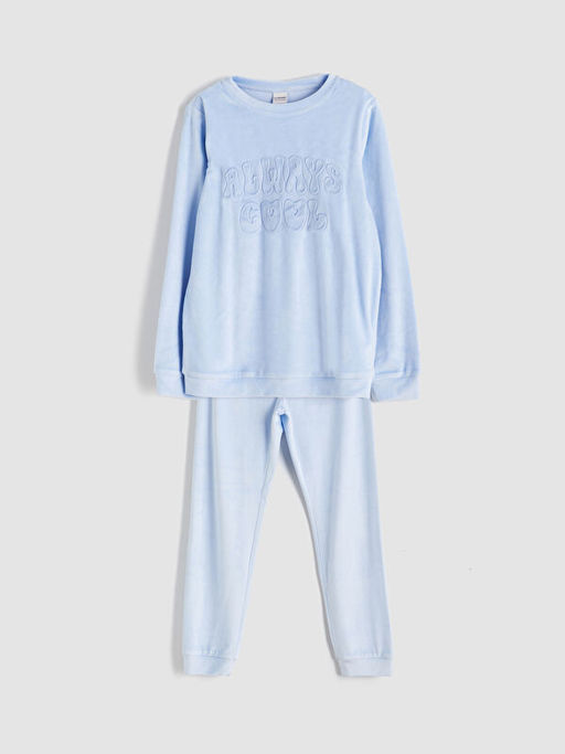 Bisiklet Yaka Kadife K?z ?ocuk Pijama Tak?m?