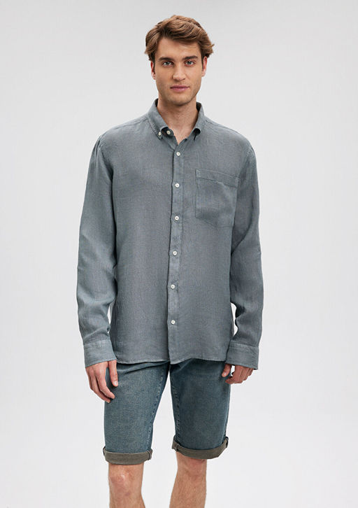 Gri Keten Gomlek - Mavi фото 3