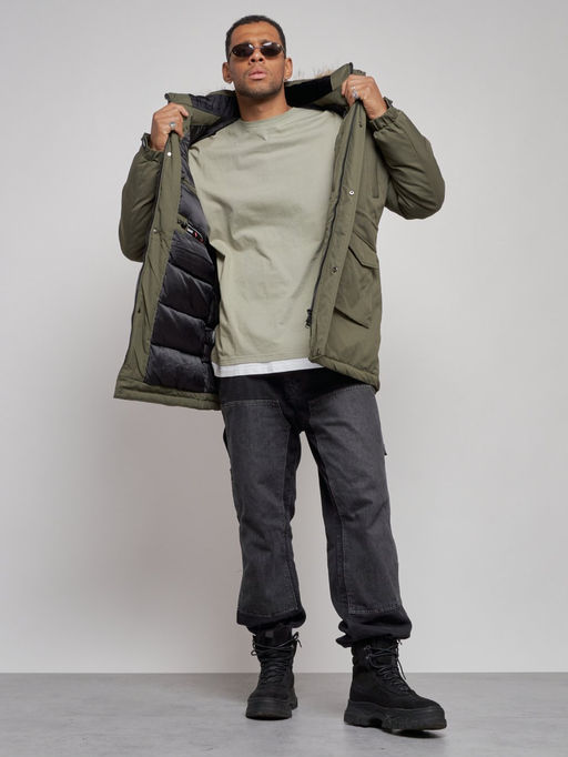 Парка мужская зимняя удлиненная с мехом цвета хаки 8318Kh - Wonderrman фото 15