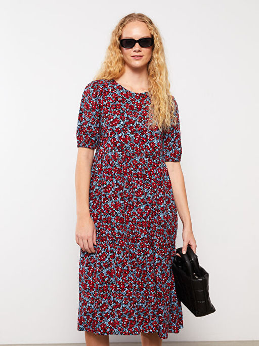 Bisiklet Yaka Desenli K?sa Kollu Viskon Kad?n Elbise