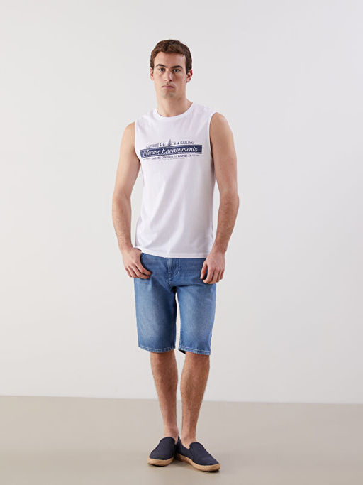 Bisiklet Yaka Bask?l? Erkek Kolsuz Ti??rt