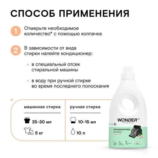 NEW_Кондиционер ополаскиватель для белья, Нежный хлопок WONDER lab, 1000мл фото 3