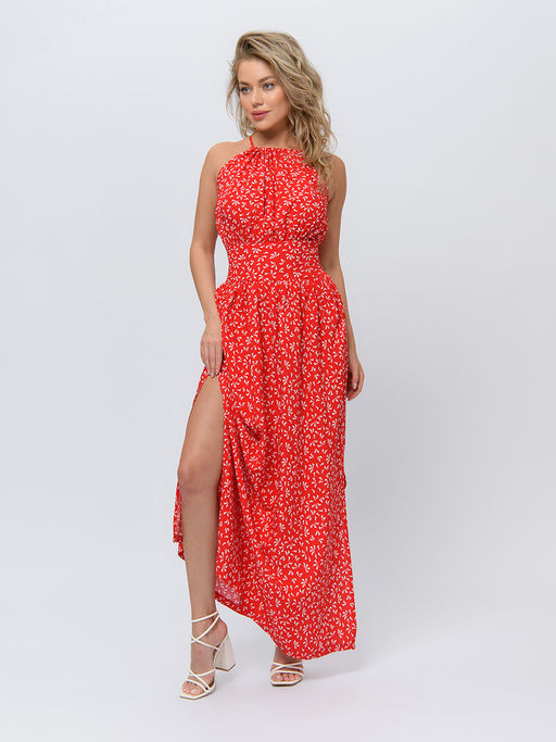 Платье красного цвета длины макси без рукавов с фигурным вырезом - 1001dress фото 2