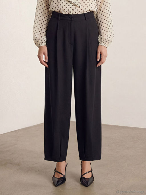 Y?ksek Bel Havu? Kesim Kad?n Pileli Kuma? Pantolon