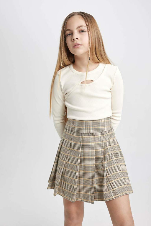 Облегающая футболка с круглым вырезом и длинными рукавами в рубчик для девочек - Defacto фото 5