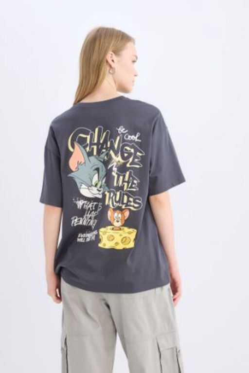 Coool Tom & Jerry Oversize Genis Kal?p Bisiklet Yaka S?rt Bask?l? K?sa Kollu Tisort