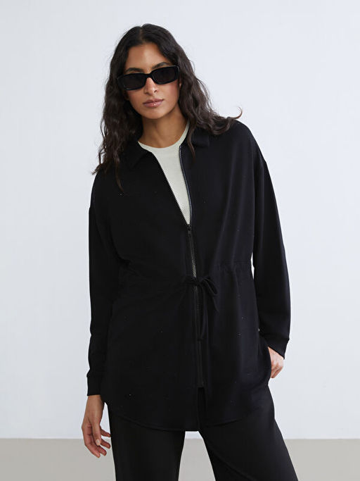 G?mlek Yaka Oversize Kad?n Fermuarl? Sweatshirt