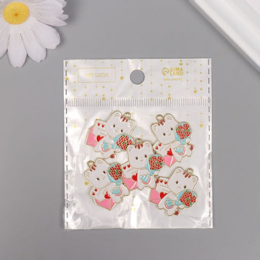 Цена за 5 шт. Декор для творчества металл, эмаль Котик с букетом, 2.8?2.5 см