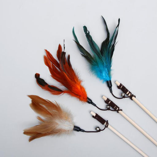 Дразнилка-удочка с перышками и бубенчиком, деревянная палочка 40 см, микс цветов - Пижон фото 4