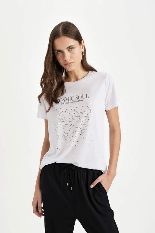 Футболка стандартного кроя с круглым вырезом и короткими рукавами с принтом - Defacto фото 3