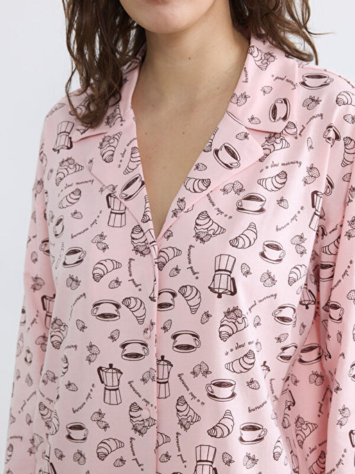 G?mlek Yaka Desenli Kad?n Pijama Tak?m