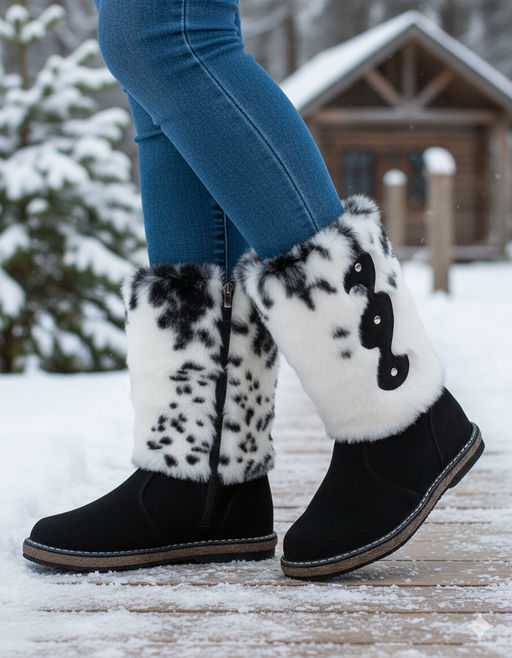 Унты женские на войлочной подошве. Черные. Замша. Молния. Мех бело-черный - Roshva фото 12