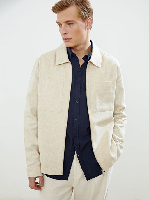 Slim Fit G?mlek Yaka %100 Keten Erkek Mont