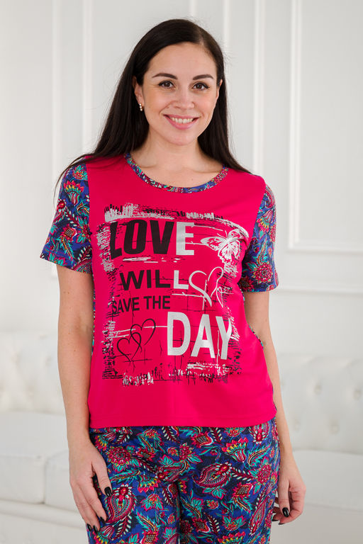 Пижама женская домашний интерлок из футболки и бридж LOVE ночной сад