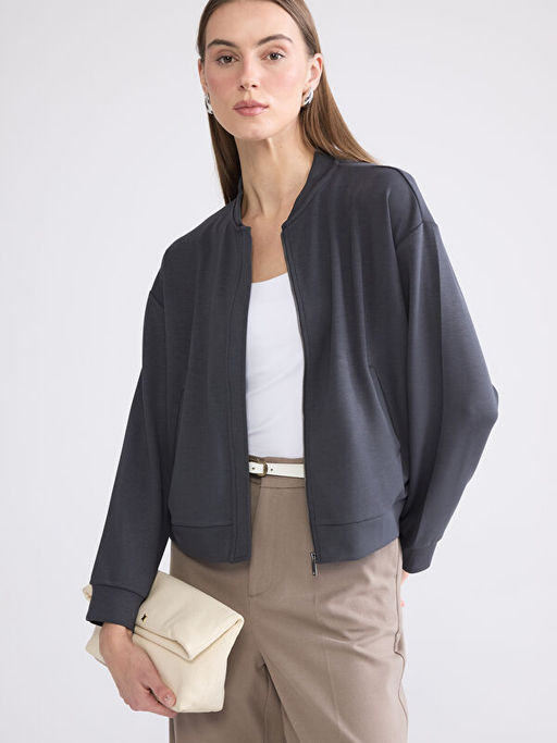 Kolej Yaka Oversize Kad?n Fermuarl? Sweatshirt