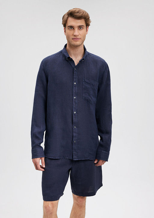 Lacivert Keten Gomlek - Mavi фото 3