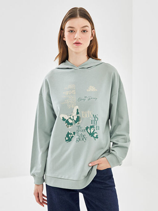 Kap??onlu Bask?l? Oversize Kad?n Sweatshirt Tunik