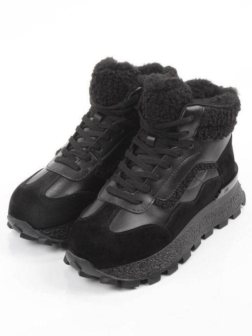 04-WG042-1M BLACK Кроссовки зимние женские (натуральная кожа, натуральная замша, 100% шерсть)